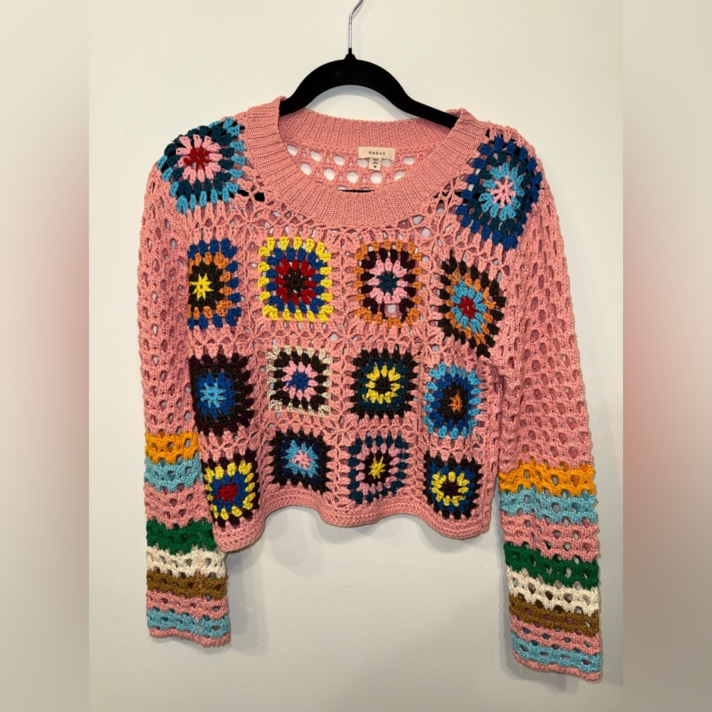 Debut Pink Crochet  Granny Square Knitwear Cropped Long Sleeve Top Sz M